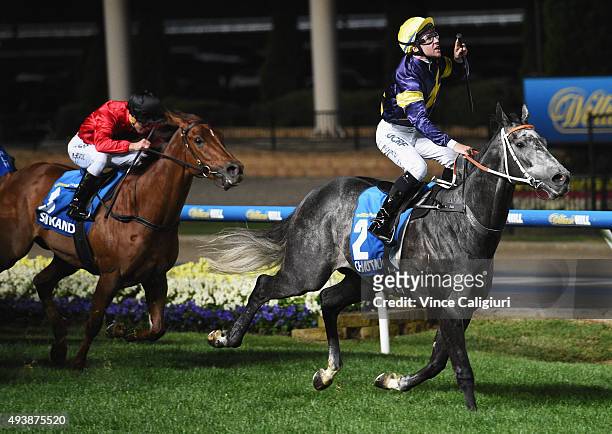 Tommy Berry riding Chautauqua reacts on the line to win Race 7, William Hill Manikato Stakes during Manikato Stakes Night at Moonee Valley Racecourse...