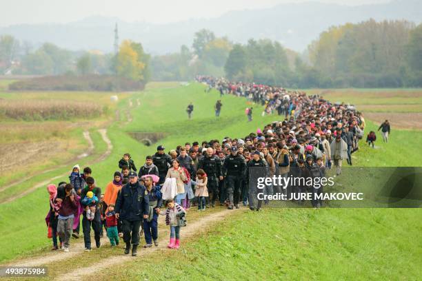 Migrants and refugees walk toward a refugee center after crossing the Croatian-Slovenian border near Brezice on October 23, 2015. More than 12,600...