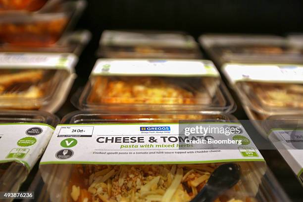 Pre-packed salad boxes sit on display in a Greggs Plc sandwich chain outlet in Caterham, U.K., on Thursday, Oct. 22, 2015. Same-store sales at Greggs...