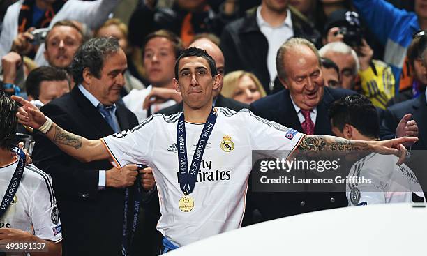 Angel Di Maria of Real Madrid celebrates victory after the UEFA Champions League Final between Real Madrid and Atletico de Madrid at Estadio da Luz...