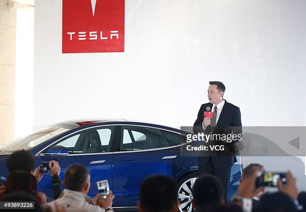 Elon Musk, Chairman, CEO and Product Architect of Tesla Motors, addresses a press conference to declare that the Tesla Motors releases v7.0 System in...