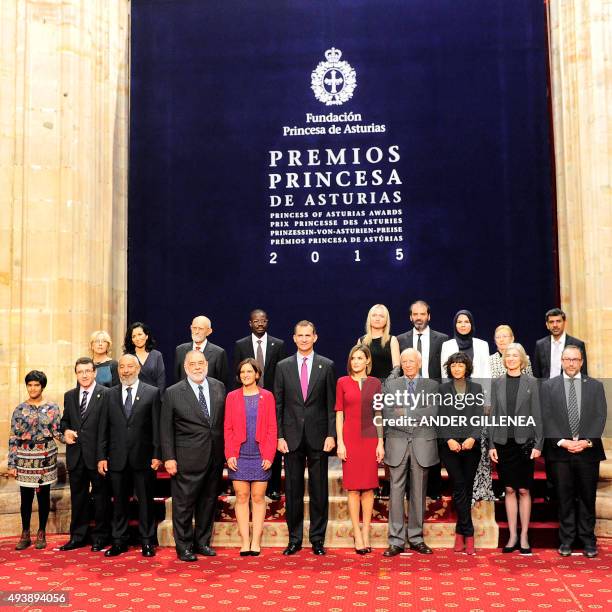 Spain's King Felipe VI and Queen Letizia pose with 2015 Princess of Asturias Awards laureates, Superior general of Brothers of Saint John of God...