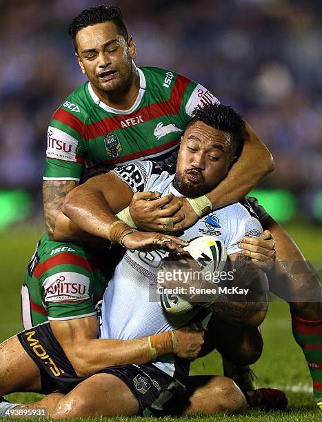 Tinirau Arona of the Sharks is tackled by Kyle Turner and John Sutton during the round 11 NRL match between the Cronulla-Sutherland Sharks and the...