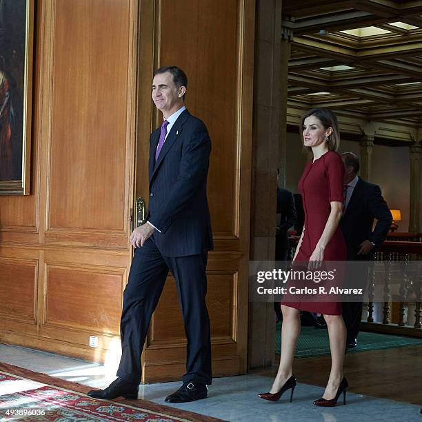 King Felipe VI of Spain and Queen Letizia of Spain attend several audiences during the "Princess of Asturias" Awards 2015 at the Reconquista Hotel on...