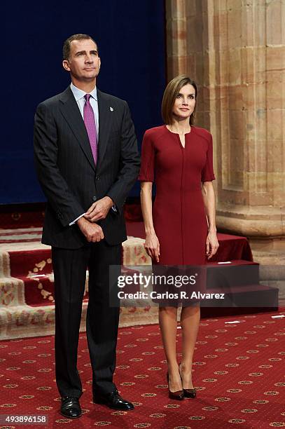King Felipe VI of Spain and Queen Letizia of Spain attend the deliver of Princess of Asturias awards medals during the 2015 Princess of Asturias...
