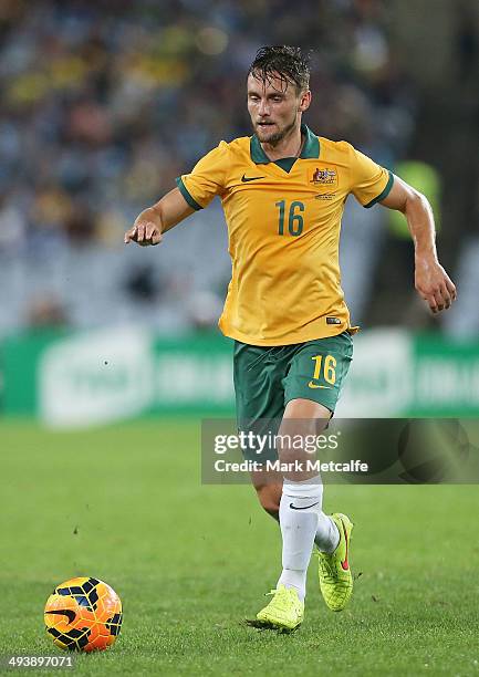 James Holland of the Socceroos controls the ball during the International Friendly match between the Australian Socceroos and South Africa at ANZ...