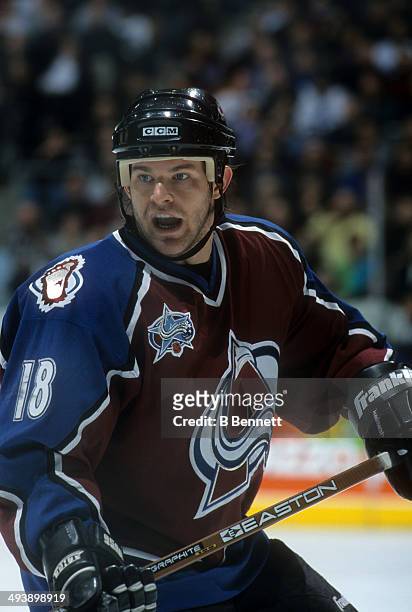 Adam Deadmarsh of the Colorado Avalanche skates on the ice during an NHL game against the Toronto Maple Leafs on February 17, 2001 at the Air Canada...