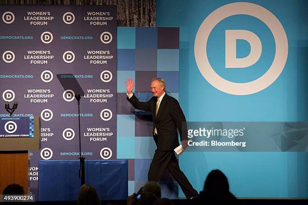 Lincoln Chafee, former governor of Rhode Island and former 2016 Democratic presidential candidate, arrives on stage to speak at the Democratic...