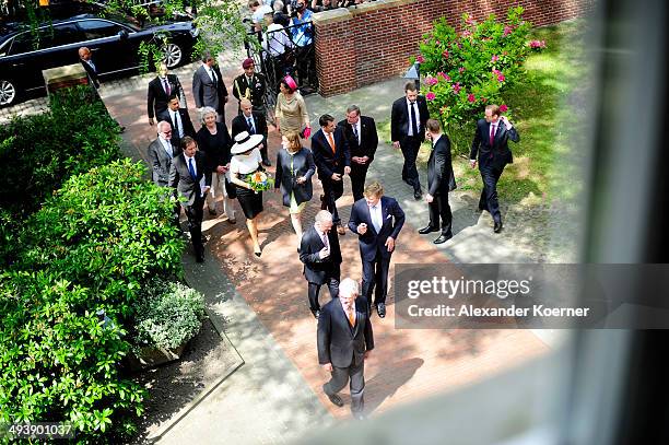 King Willem-Alexander of the Netherlands and Queen Maxima of the Netherlands arrive outside the Marinekompetenz Zentrum Leer on May 26, 2014 in Leer,...