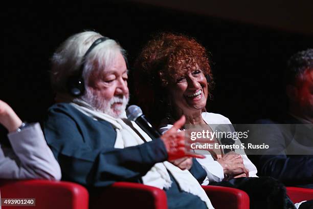 Anna Mazzamauro and Paolo Villaggio attend a press conference for 'Fantozzi' during the 10th Rome Film Fest on October 23, 2015 in Rome, Italy.