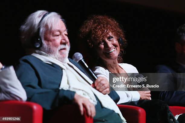 Anna Mazzamauro and Paolo Villaggio attend a press conference for 'Fantozzi' during the 10th Rome Film Fest on October 23, 2015 in Rome, Italy.