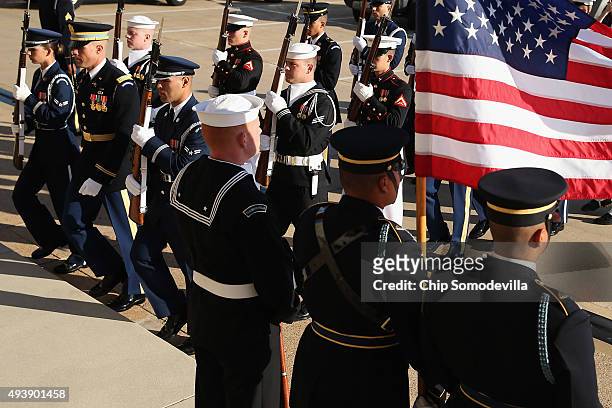 Military honor cordon prepares to welcome Qatar Minister of State for Defense Affairs Hamad bin Ali Al Attiyah to the Pentagon October 23, 2015 in...