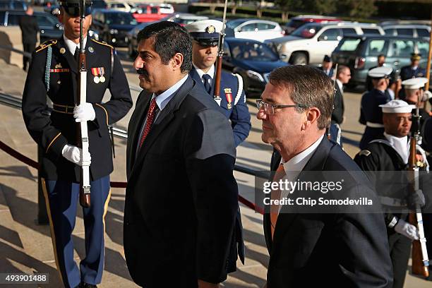 Defense Secretary Ash Carter welcomes Qatar Minister of State for Defense Affairs Hamad bin Ali Al Attiyah to the Pentagon October 23, 2015 in...