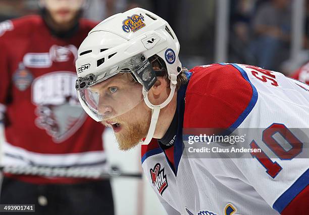 Henrik Samuelsson of the Edmonton Oil Kings waits for a faceoff against the Guelph Storm in the final of the 2014 MasterCard Memorial Cup at...