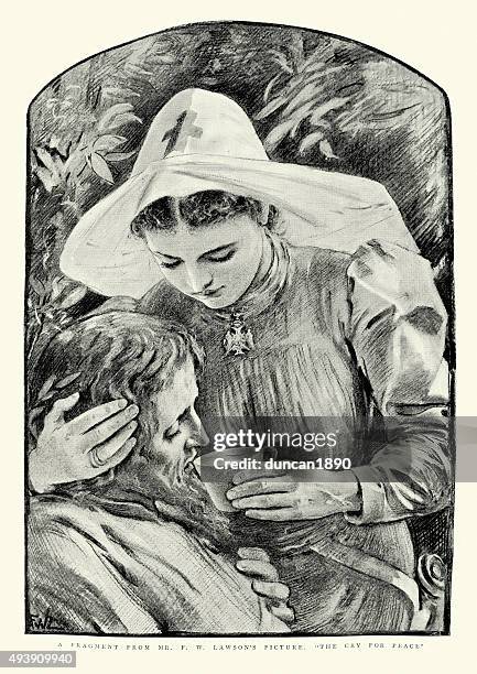 victoiran nurse caring for a wounded soldier - injured soldier drawing stock illustrations