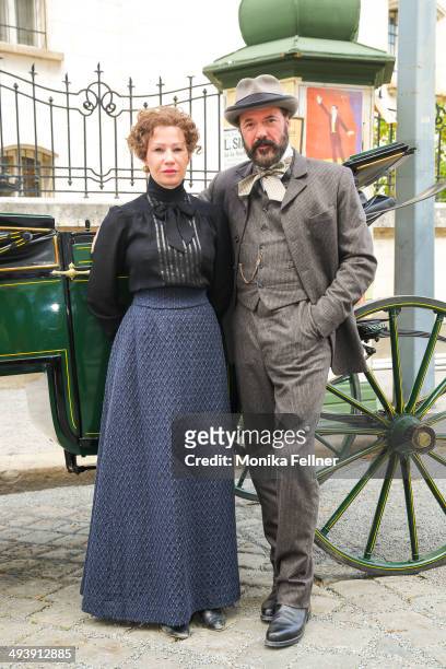 Actors Birgit Minichmayr as Bertha von Suttner and Sebastian Koch as Alfred Nobel pose during the 'Madame Nobel' set visit on May 26, 2014 in Vienna,...
