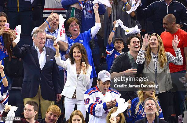 Helmut Huber, Susan Lucci, Vincent Piazza and guest attend Montreal Canadiens vs New York Rangers playoff game at Madison Square Garden on May 25,...