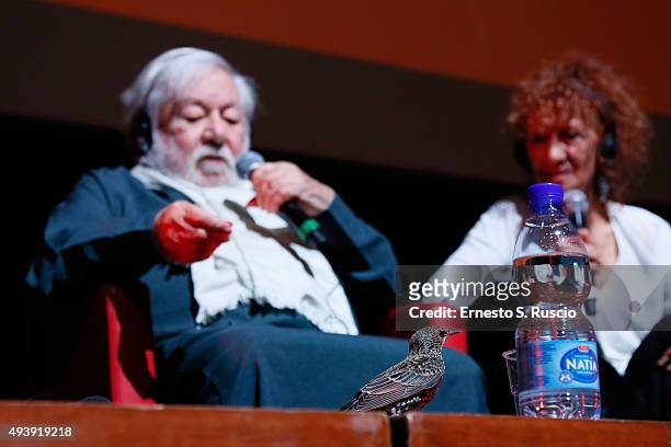 Anna Mazzamauro and Paolo Villaggio attend a press conference for 'Fantozzi' during the 10th Rome Film Fest on October 23, 2015 in Rome, Italy.