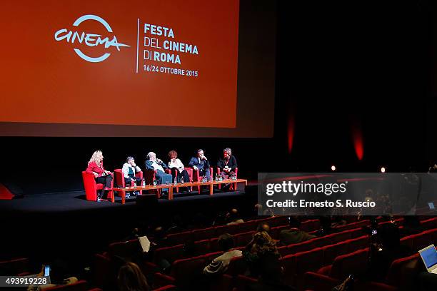 Plinio Fernando, Paolo Villagio and Anna Mazzamauro attends a press conference for 'Fantozzi' during the 10th Rome Film Fest on October 23, 2015 in...