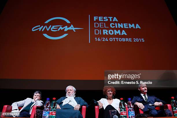 Plinio Fernando, Paolo Villagio and Anna Mazzamauro attends a press conference for 'Fantozzi' during the 10th Rome Film Fest on October 23, 2015 in...