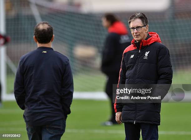 John W Henry and Tom Werner part owners of Liverpool during a training session at Melwood Training Ground on October 23, 2015 in Liverpool, England.