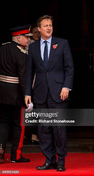 Prime Minister David Cameron waits for President Xi Jinping to arrive for lunch at Manchester Town Hall on October 23, 2015 in Manchester, England....