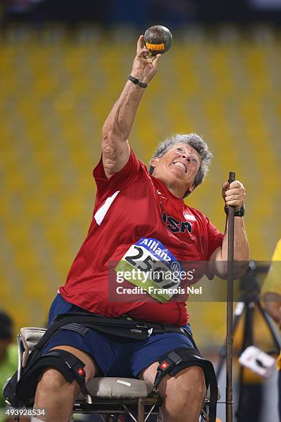 Angela Madsen of USA competes in the women's shot put F57 final during the Evening Session on Day Two of the IPC Athletics World Championships at...