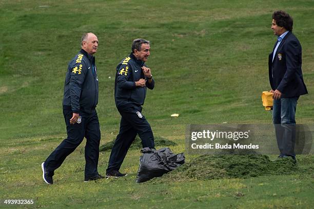 Head coach of the Brazilian football team, Luis Felipe Scolari and technical coordinator Carlos Albero Parreira walk at the squad's Granja Comary...