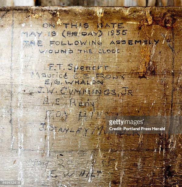 Details of names of people who wound the clock on May 18, 1955 are inscribed on the inside wall of the clock tower taken down from the top of the...