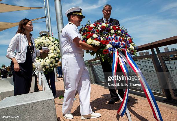 New York City Mayor Bill de Blasio and Admiral Bill Gortney, Commander, United States Fleet Forces Command, participate in a wreath laying ceremony...