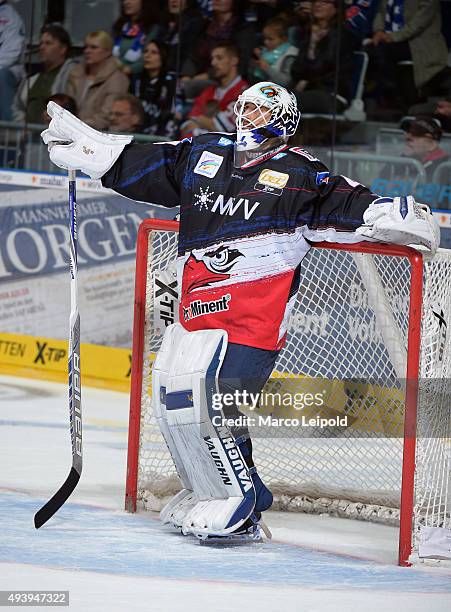 Dennis Endras of the Adler Mannheim during the game between the Adler Mannheim and the Eisbaeren Berlin on October 23, 2015 in Mannheim, Germany.