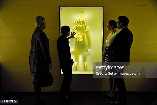 Crown Princess Victoria of Sweden and Prince Daniel of Sweden listen to the explanation of a guide during a visit to the Gold Museum on October 23,...