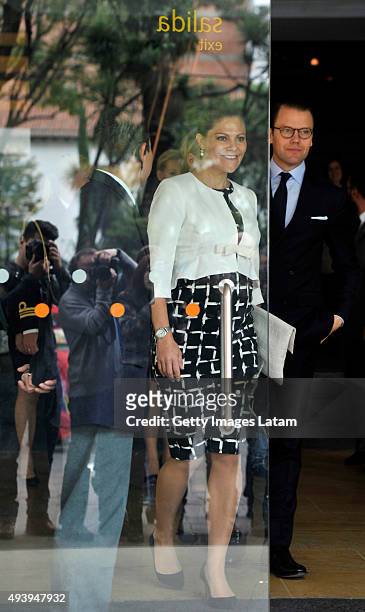 Crown Princess Victoria of Sweden and Prince Daniel of Sweden leave the Gold Museum after visiting it on October 23, 2015 in Bogota, Colombia.