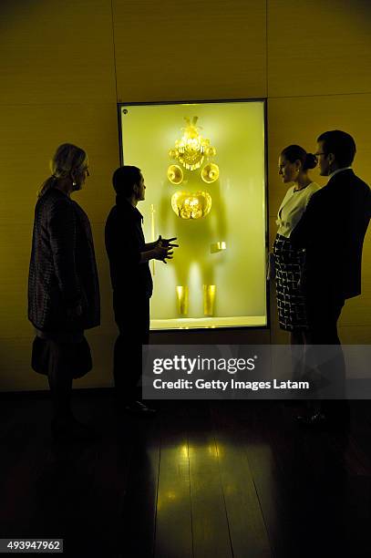 Crown Princess Victoria of Sweden and Prince Daniel of Sweden listen to the explanation of a guide during a visit to the Gold Museum on October 23,...