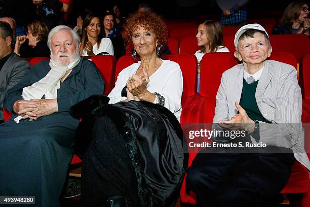 Paolo Vilaggio, Anna Mazzamauro and Plinio Fernando attend the 'Tribute To Paolo Villaggio' during the 10th Rome Film Fest on October 23, 2015 in...