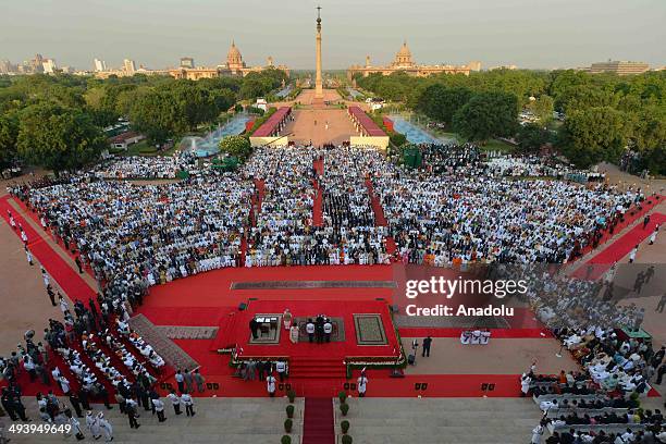 An aerial view of the forecourt of the Presidential Palace during the swearing-in ceremony for new Indian Prime Minister Narendra Modi and his...