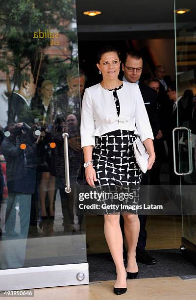 Crown Princess Victoria of Sweden and Prince Daniel of Sweden leave the Gold Museum after visiting it on October 23, 2015 in Bogota, Colombia.