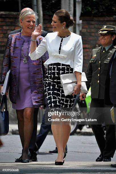 Crown Princess Victoria of Sweden waves after a meeting with leaders of the Swedish Colombian alumni network at the residence of the Swedish...