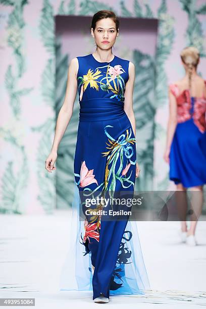 Model walks the runway at the Alena Akhmadullina for Barbie during day 3 of Mercedes Benz Fashion Week Russia SS16 at Manege on October 23, 2015 in...
