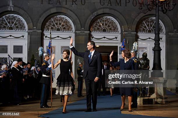 King Felipe VI of Spain , Queen Letizia of Spain and Queen Sofia leave the Campoamor Theater after the Princess of Asturias Award 2015 ceremony on...