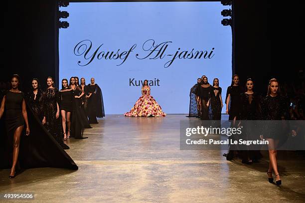 Models walk the runway during the Finale at the Yousef Al-Jasmi show during Dubai Fashion Forward Spring/Summer 2016 at Madinat Jumeirah on October...