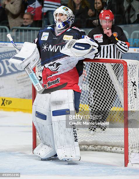 Dennis Endras of the Adler Mannheim during the game between the Adler Mannheim and the Eisbaeren Berlin on October 23, 2015 in Mannheim, Germany.