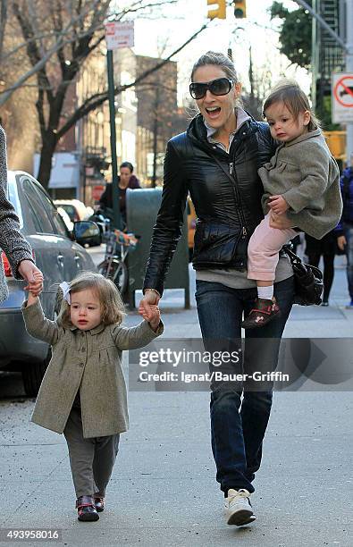 Sarah Jessica Parker and her twin daughters, Tabitha and Marion are seen on April 03, 2011 in New York City.