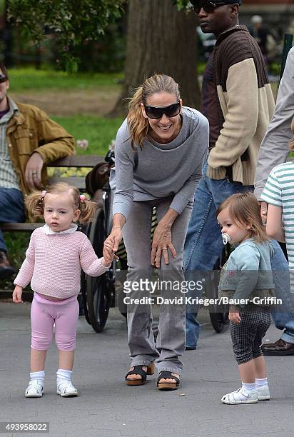 Sarah Jessica Parker and her twin daughters, Marion Loretta Elwell and Tabitha Hodge are seen on May 07, 2011 in New York City.