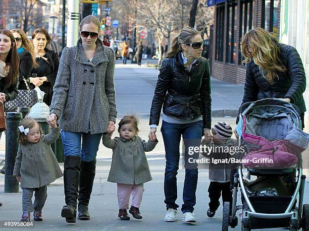 Sarah Jessica Parker and her twin daughters, Tabitha and Marion are seen on April 03, 2011 in New York City.