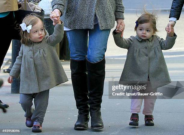 Sarah Jessica Parker`s twin daughters, Tabitha and Marion are seen on April 03, 2011 in New York City.