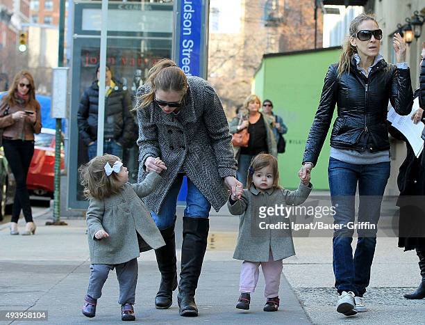 Sarah Jessica Parker and her twin daughters, Tabitha and Marion are seen on April 03, 2011 in New York City.