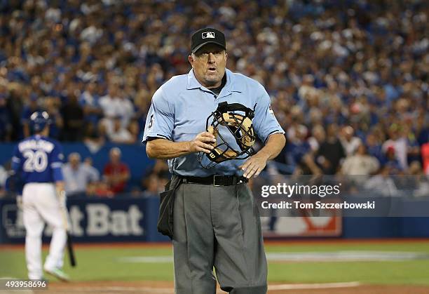 Home plate umpire Dale Scott during the Toronto Blue Jays game against the Texas Rangers during game five of the American League Division Series at...