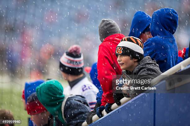 Young Cincinnati Bengals fan watches players exit the tunnel as snow falls before the game against the Buffalo Bills on October 18, 2015 at Ralph...