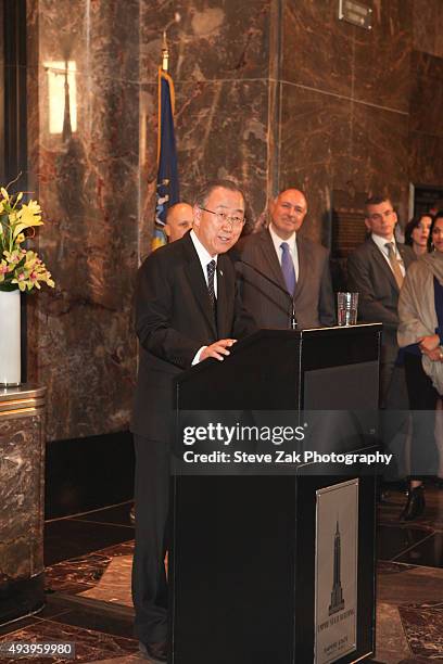 United Nations Secretary-General Ban Ki-moon visits The Empire State Building on October 23, 2015 in New York City.